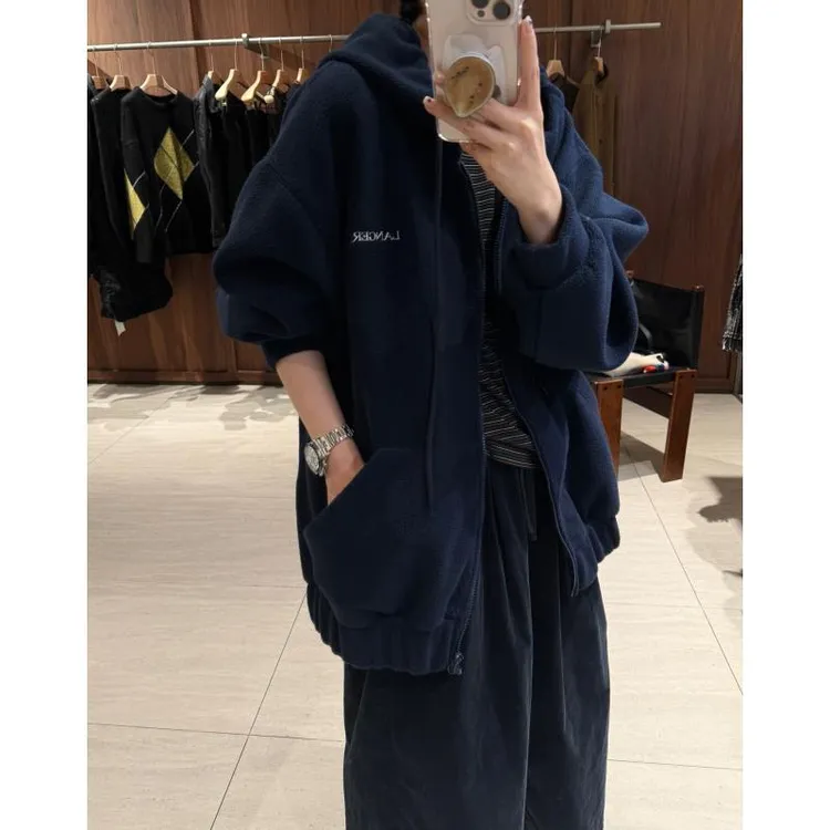 【蔚蓝幻镜】摇粒绒撞色刺绣字母带帽卫衣开衫  J25WT833