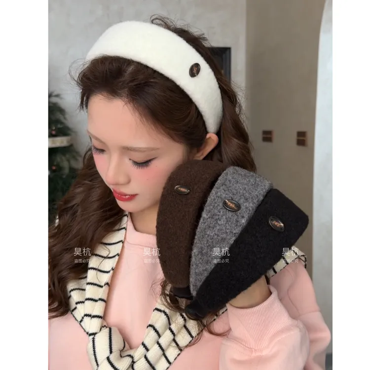 egg标～秋冬毛呢混色纽扣宽边高颅顶海绵法式显瘦百搭头箍头饰发箍