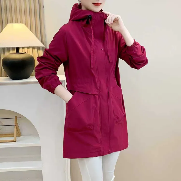 精品新款春秋纯色飘带大口袋遮肉洋气外套