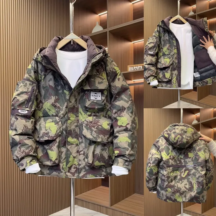 冬季保暖羽绒服男迷彩潮流潮牌白鸭绒外套美式痞帅工装羽绒冲锋衣