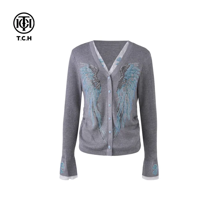 TCH现货私服烫钻工艺灰色时尚开衫毛针织衫女T75A43E5048轻奢tch
