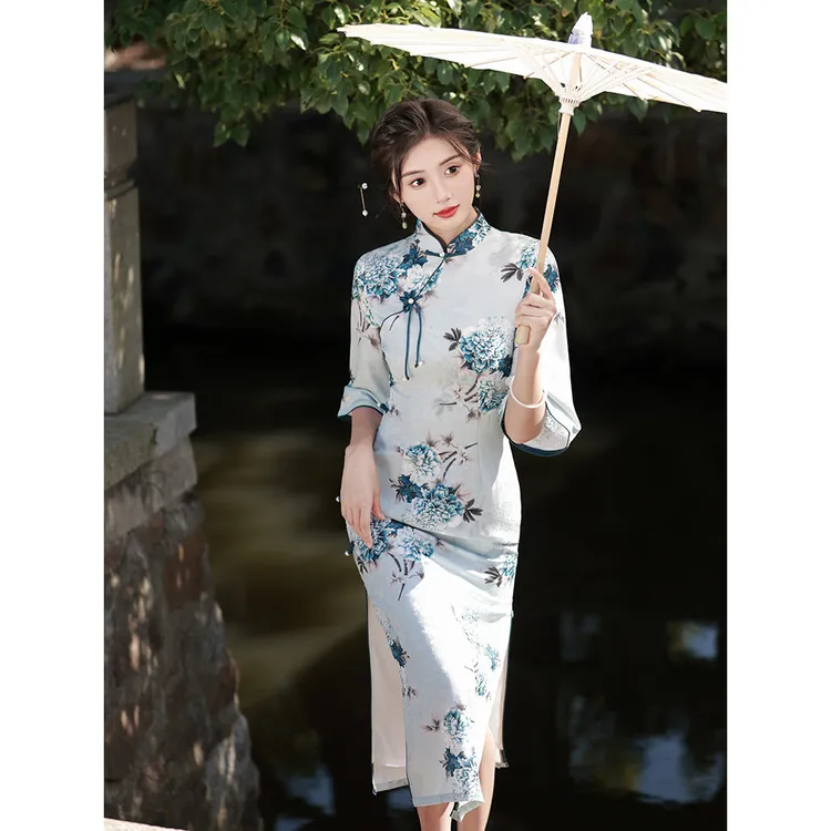 春秋新款仿花罗旗袍连衣裙喇叭袖中长款改良双层旗袍