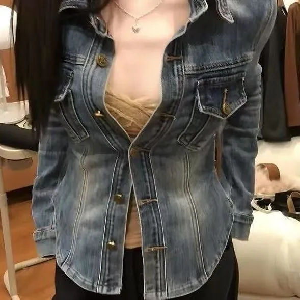 小众设计感polo领蓝色牛仔衬衫春季高级感收腰修身显瘦外套上衣女