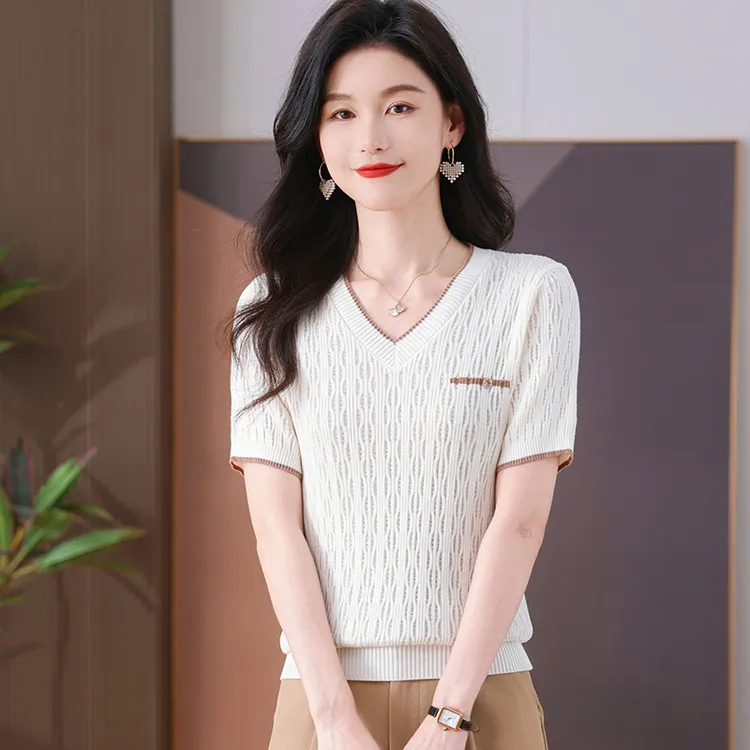 夏季V领百搭短袖大码T恤女宽松薄款镂空针织衫遮肚子显瘦洋气上衣