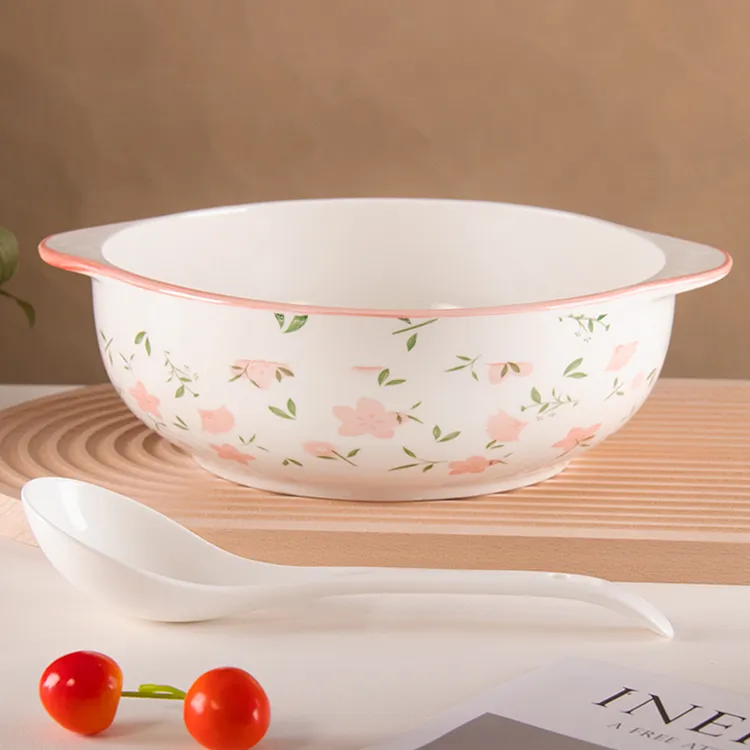 [2件套]桃花朵朵家用陶瓷餐具组合大号双耳碗+白色汤勺t
