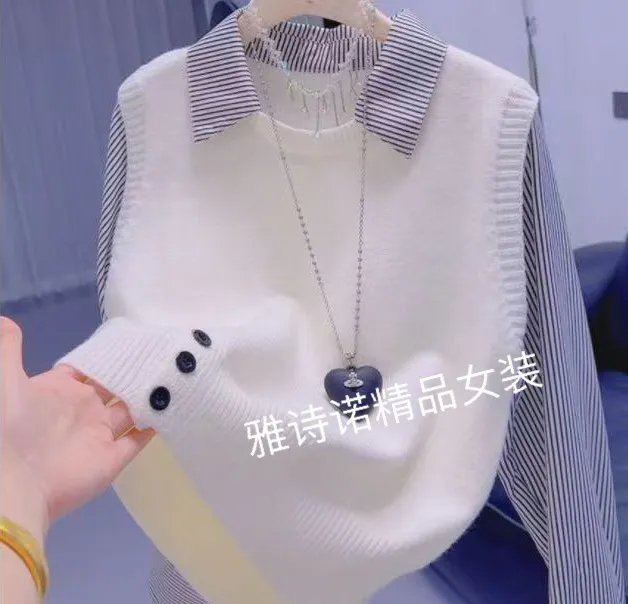多巴胺小众条纹衬衫女2025秋季新款假两件Polo衫通勤长袖独特上衣