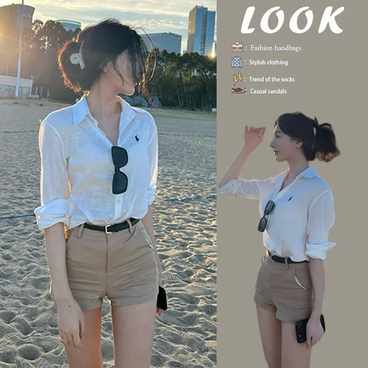 韩系穿搭2025新款气质高级感百搭显瘦长袖衬衫修身高腰短裤两件套