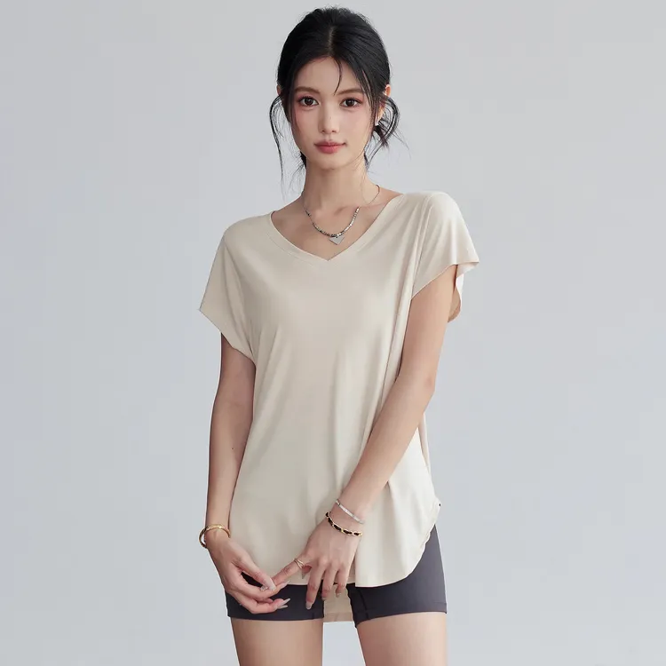 宽松透气瑜伽服女时尚v领显瘦运动T恤夏季薄款普拉提训练健身衣