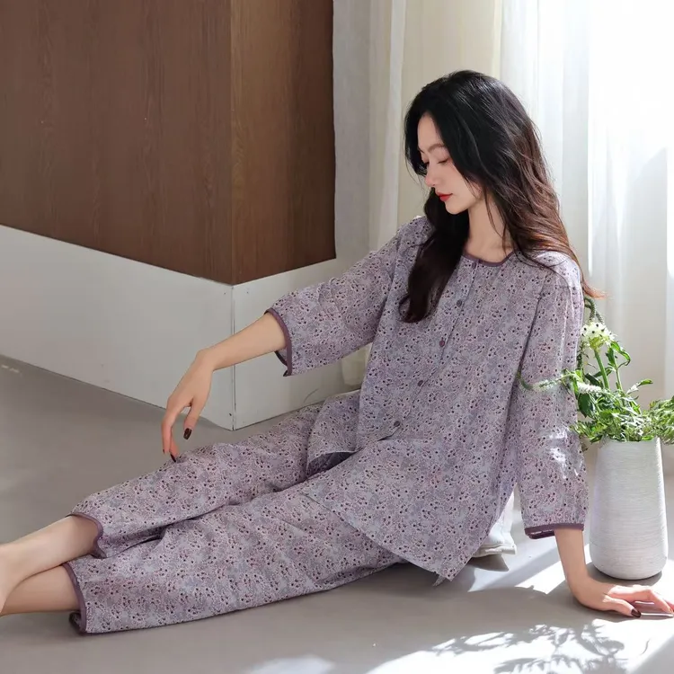 夏季睡衣女春秋季柔软七分袖家居服碎花开衫女士可外穿薄款套装