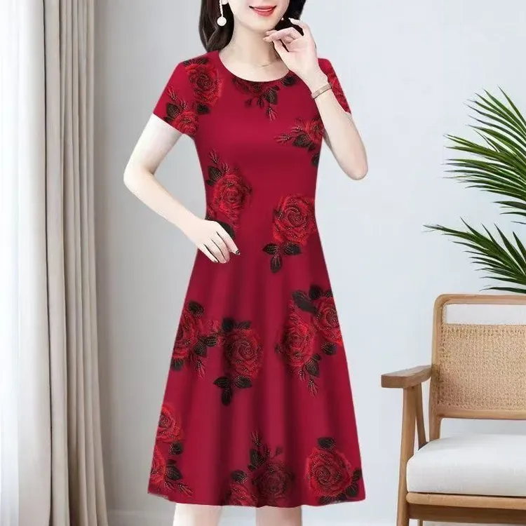 商城清货~妈妈专柜仿真丝连衣裙夏季爆款外穿宽松碎花中长裙