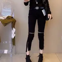 胖丫专属—2068秋季欧货黑色百搭韩版显瘦烟管裤高腰拉链开叉时尚