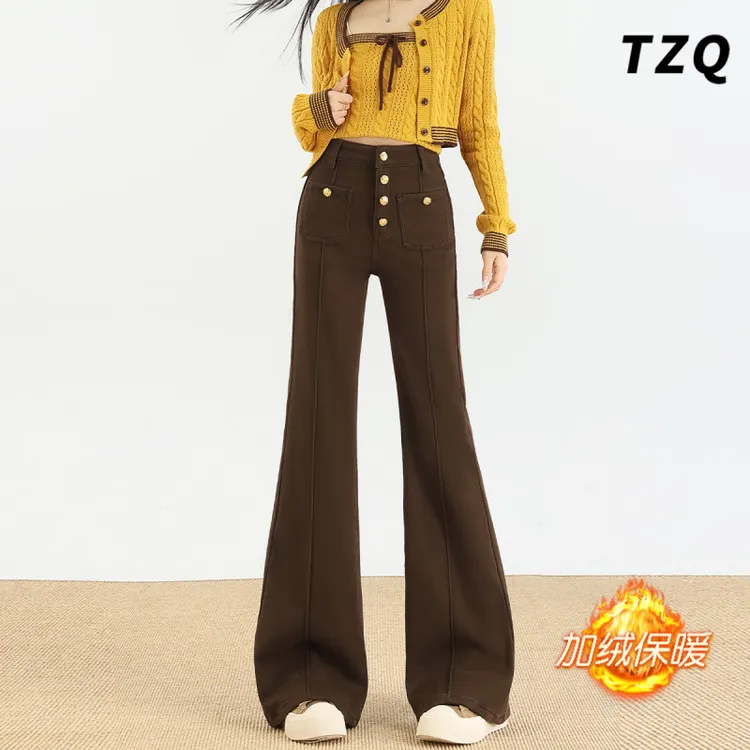 小个子咖色加绒微喇牛仔裤女款爆款2025秋冬高腰显瘦九分喇叭裤子