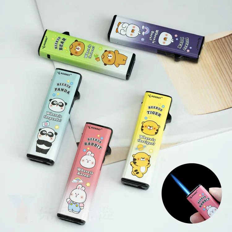 新款卡通金属下拉直冲打火机防风可爱个性充气创意打火机印字定制