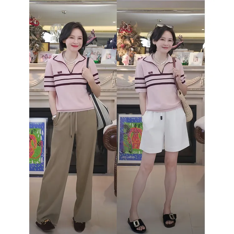 我是摩羯 粉色恋人 精美镂空钩花刺绣14针polo花边领拼色上衣
