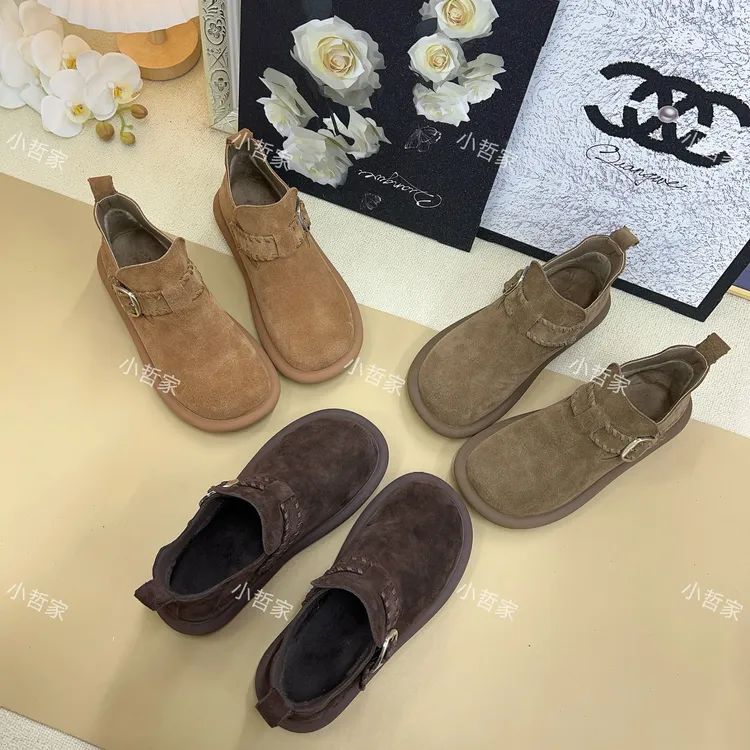 【薄绒勃肯】冬季新款反绒平底圆头复古老钱风百搭深口女鞋26087