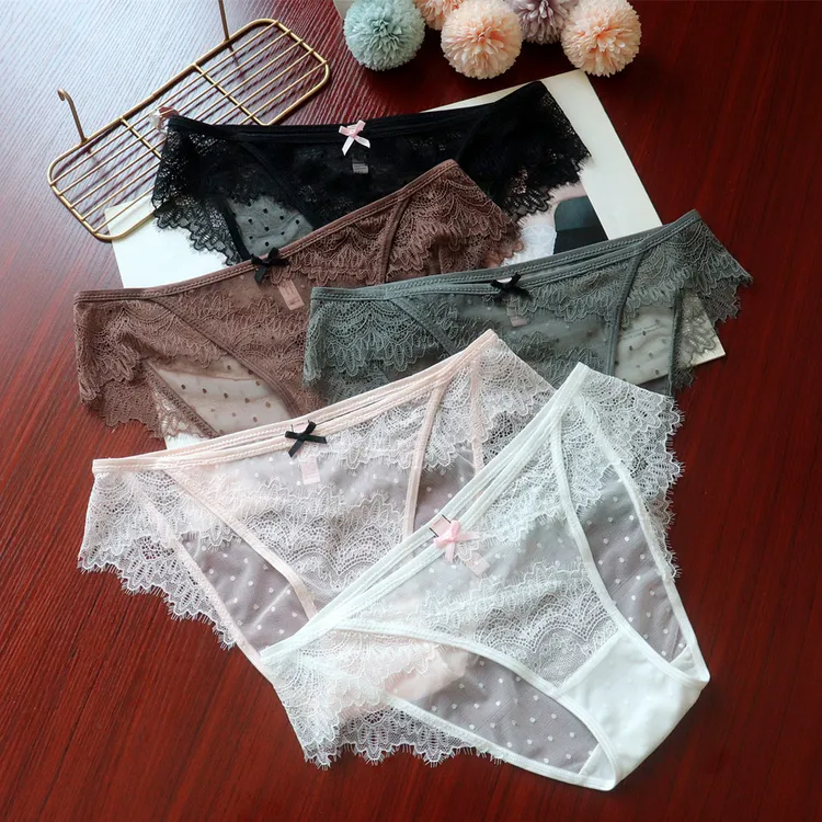 新款轻薄透气蕾丝女士内裤女速干网纱点点女式三角裤