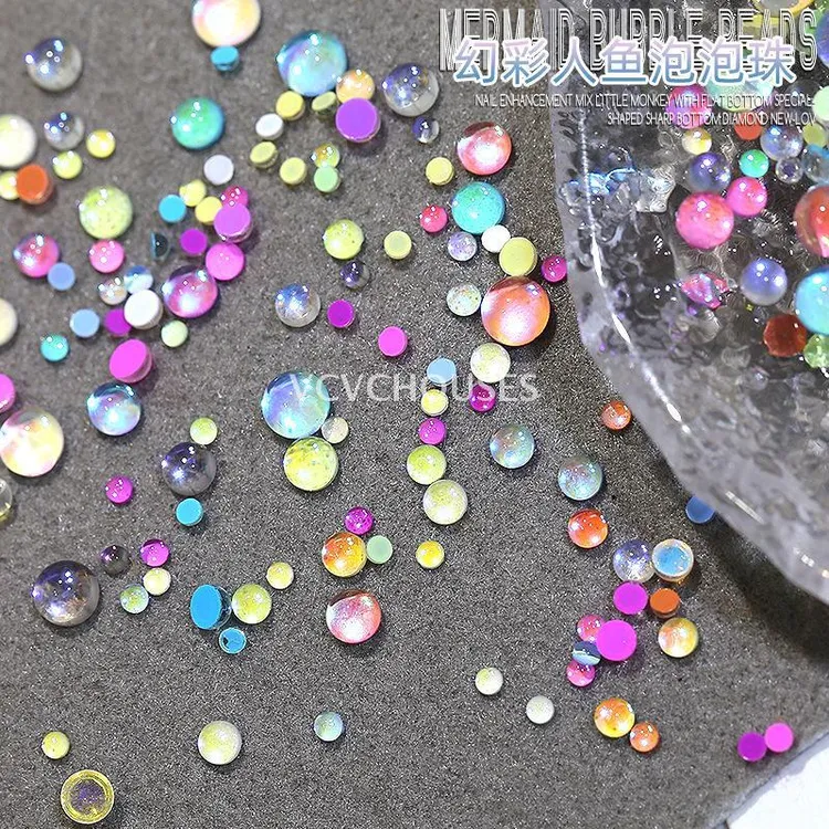 极光幻彩人鱼泡泡珠美甲钻大小混装彩色马卡龙平底钻装饰品100颗
