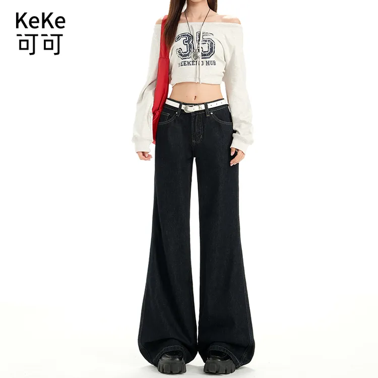 百搭显瘦垂感微喇原色水洗牛仔裤女美式复古低腰辣妹宽松喇叭裤
