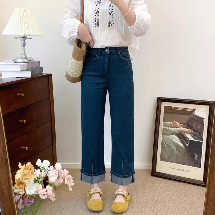 秋季新款弹力直筒牛仔裤女大码胖妹妹梨形身材裤子显瘦阔腿牛仔裤