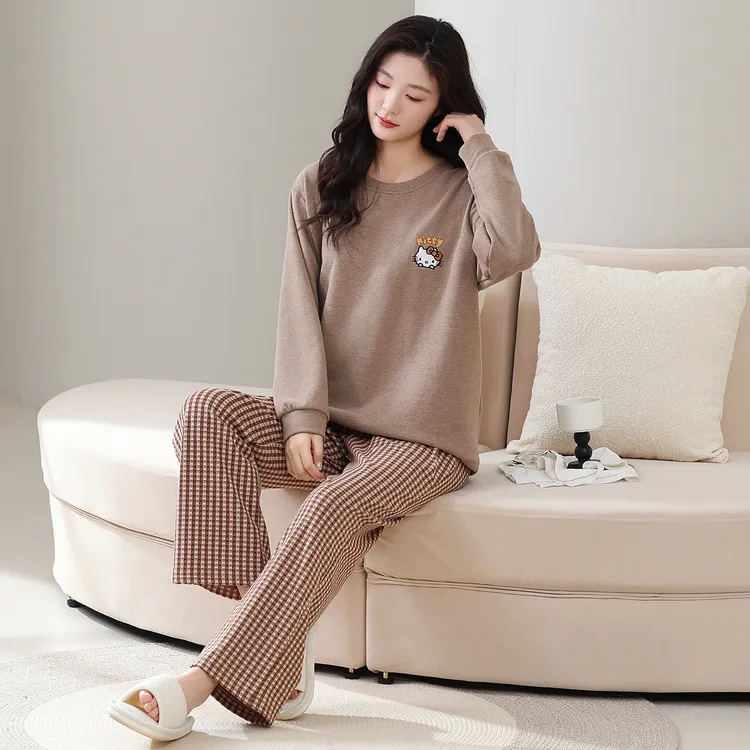 睡衣女冬季新款爆款羊绒长袖长裤休闲可外穿家居服套装（格子KT猫）