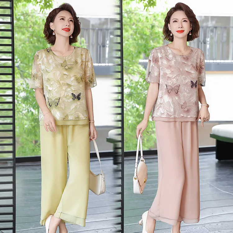 中年妈妈夏季套装50岁中老年女时尚新款洋气衬衫裤腿九分裤两件套