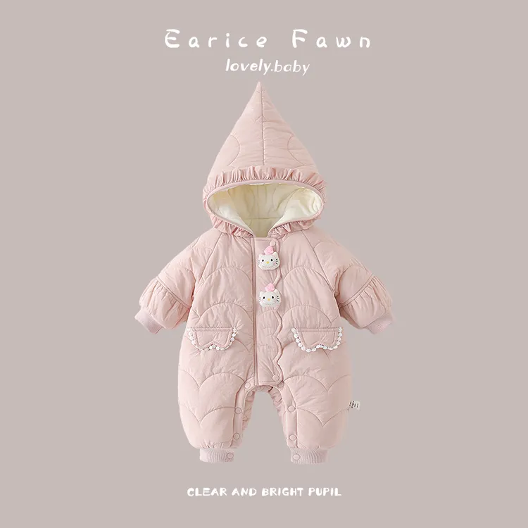 DZ网红女婴冬季夹棉连体衣小月龄宝宝超洋气可爱连帽棉衣外穿爬服