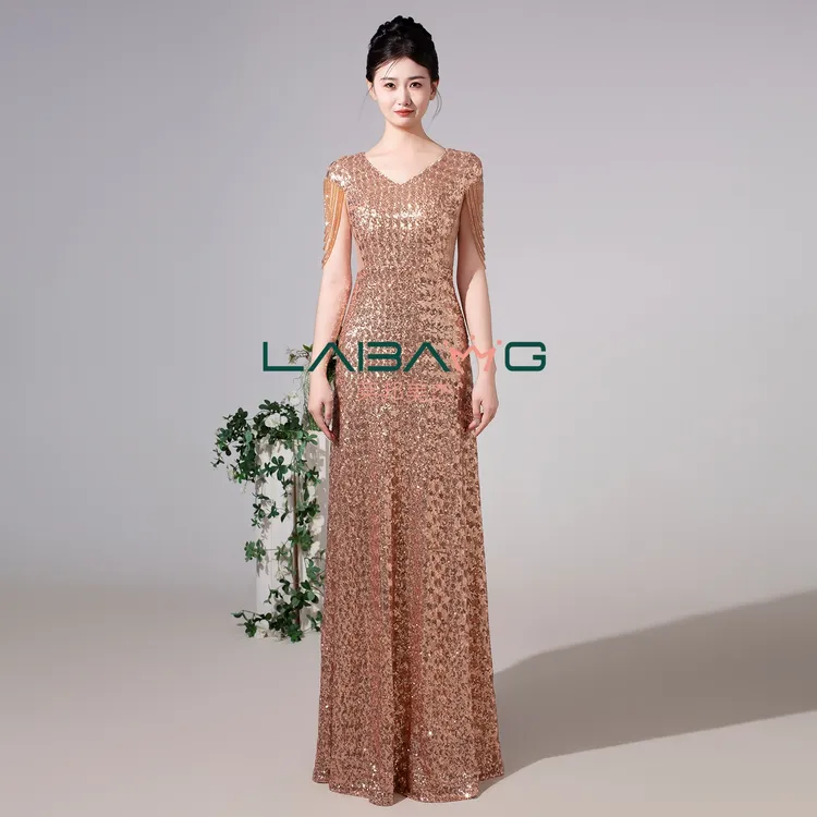 夏季新款短袖A摆显瘦亮片高端手工流苏主持表演艺考歌唱演出服