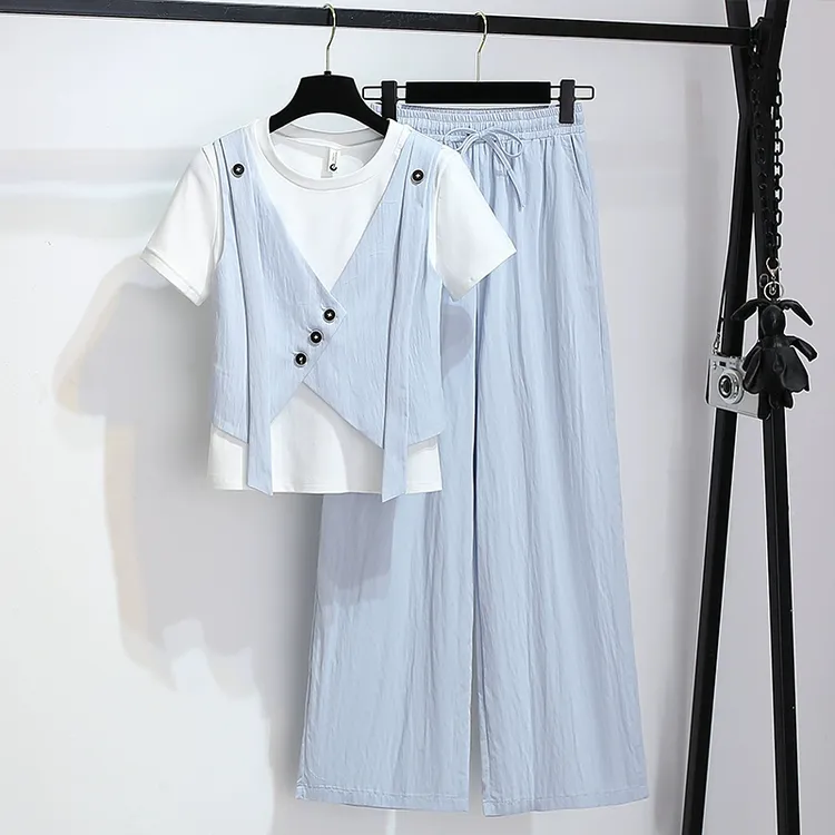 拉夏贝尔短T休两件短袖t恤配阔腿裤女2025夏新款洋气减龄两件套装