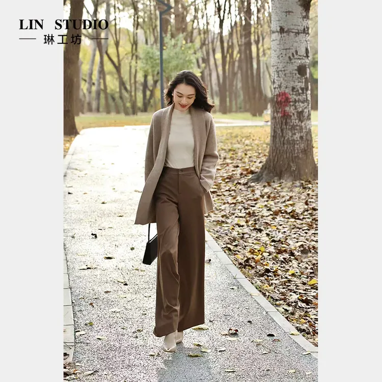 琳工坊“米易”棕色阔腿裤显瘦气质百搭复古简约大气唐琳设计师