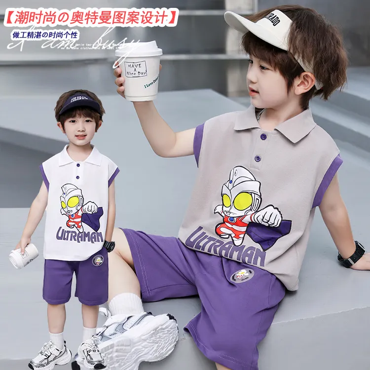 夏季男童奥特曼背心套装2025年爆款翻领短袖短裤紫色系两件套时尚