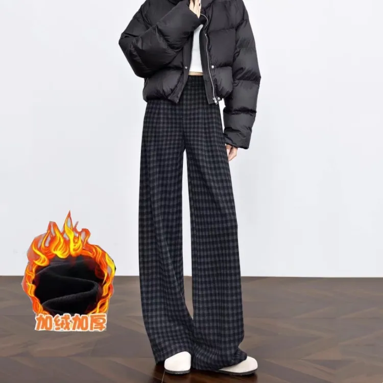 加绒格子阔腿毛呢裤2025新款高腰百搭宽松直筒裤黑灰色阔腿休闲裤