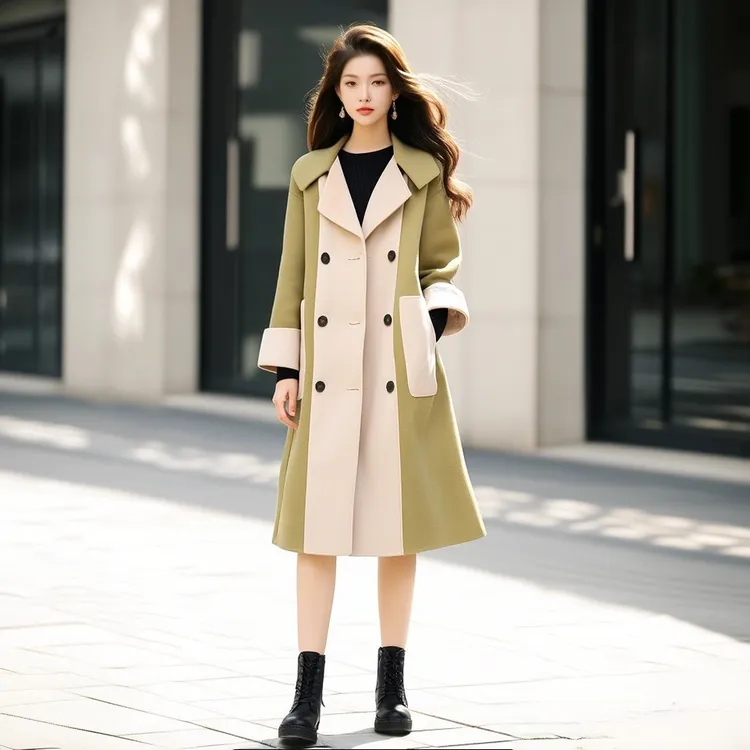 YAHONGNA时尚双面羊毛大衣女士撞色长款女外套2025秋冬新品