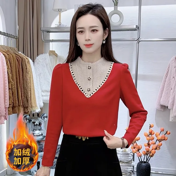 加绒加厚圆领长袖T恤洋气女冬季新款蕾丝拼接假两件百搭轻奢上衣