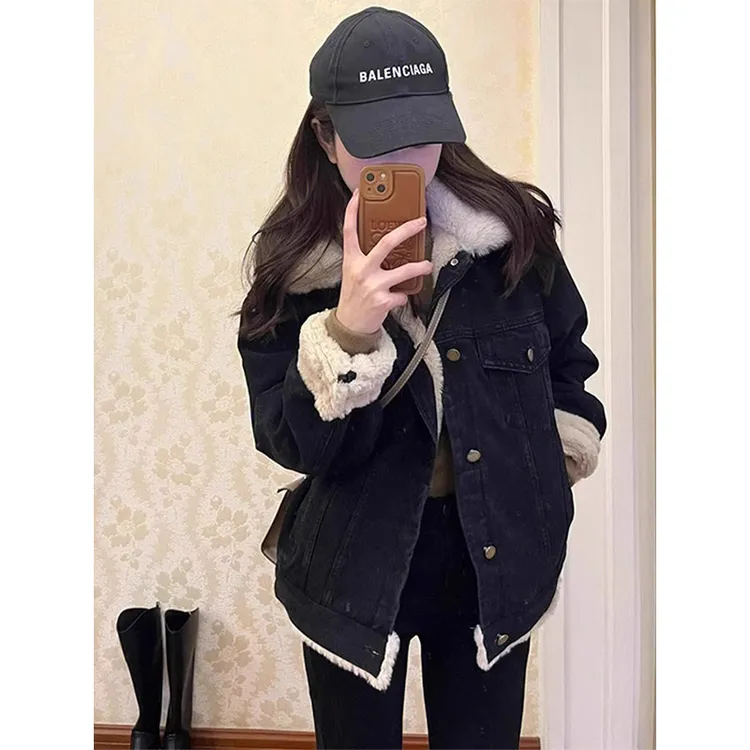 2025新款爆款高级感小香风加绒加厚羊羔毛牛仔外套女士春季款加厚
