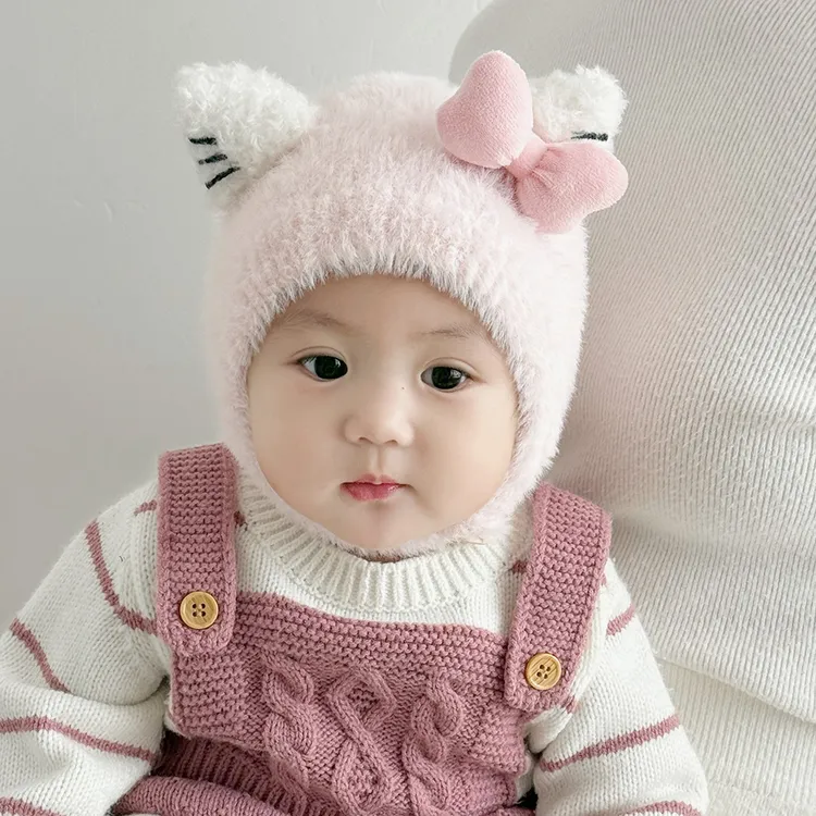宝宝帽子秋冬季厚款女童毛绒帽护耳婴儿针织男童保暖小月龄包头帽