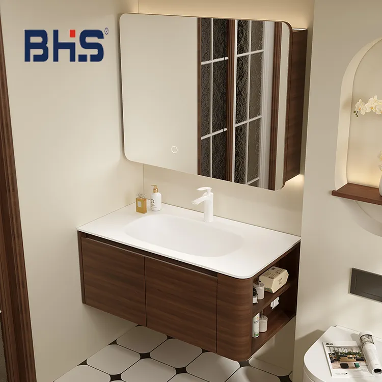 多层实木浴室柜家用小户型置物柜储物柜圆弧角开放格一体洗手盆