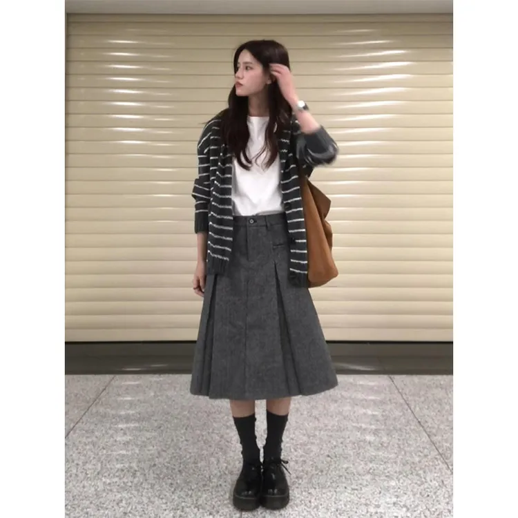 parkyeon秋冬新款条纹连帽针织开衫毛衣外套女高腰A字半身裙套装