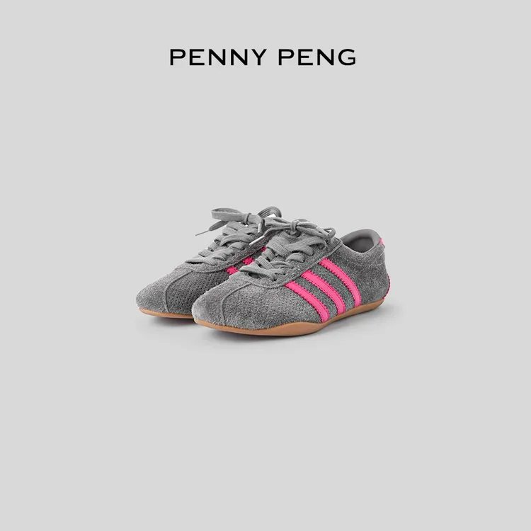 PENNY PENG 复古休闲灰色德训鞋低帮轻便透气平底系带运动鞋女款
