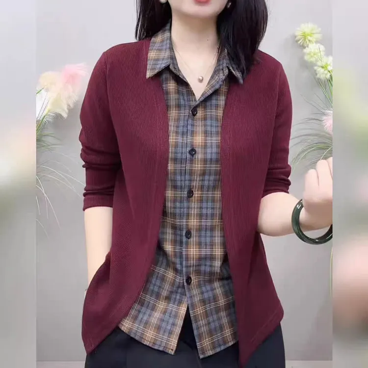 格子衬衣假两件新款气质开衫外套女士洋气长袖减龄百搭小衫上衣