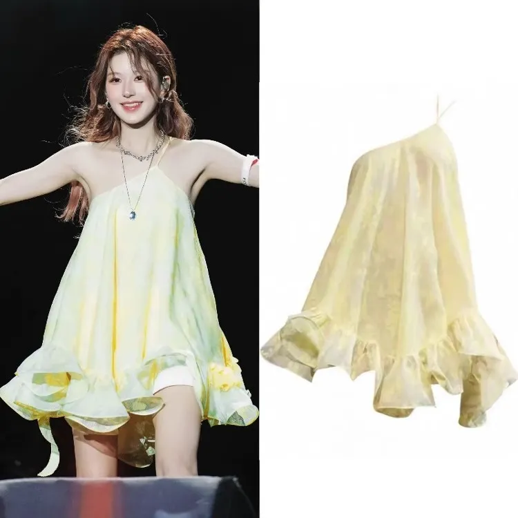 音乐节赵露思同款黄色露肩性感不规则荷叶边蓬蓬吊带裙印花连衣裙