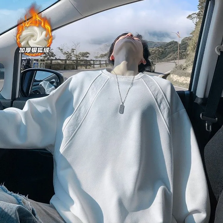 美式重磅boxy圆领卫衣男款秋冬季新款保暖宽松休闲无帽长袖t恤男