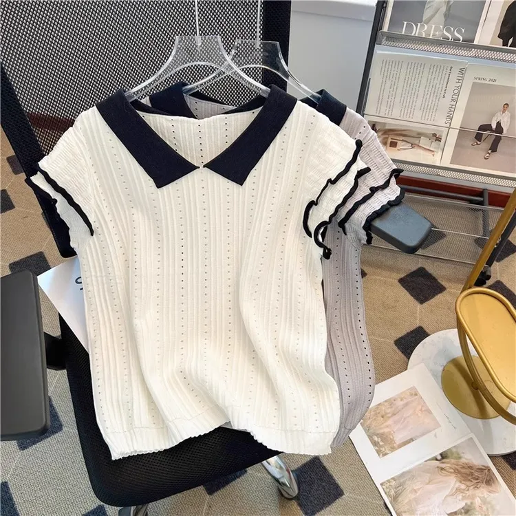 法式小飞袖正肩短袖t恤女夏季设计感小众翻领针织修身显瘦小上衣