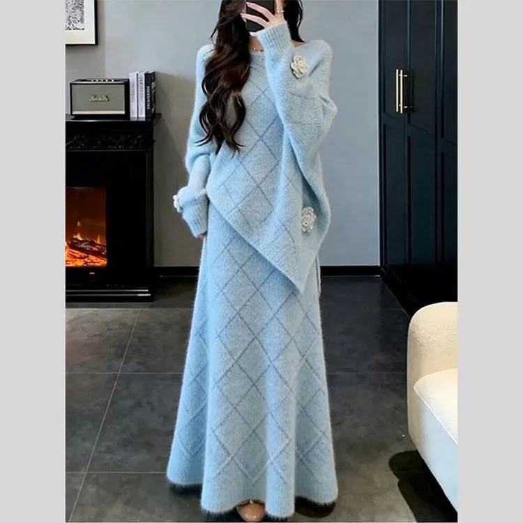 超好看搭配一整套高级感独特宽松时尚慵懒软糯针织毛衣半裙两件套