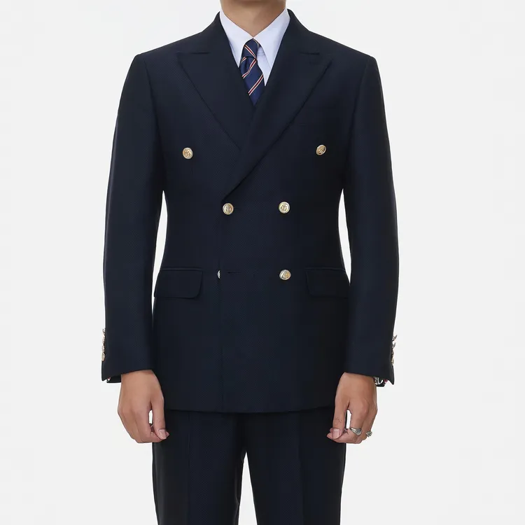 【布雷泽套装】休闲金属扣布雷泽双排扣戗驳领藏青色通勤/新郎西装