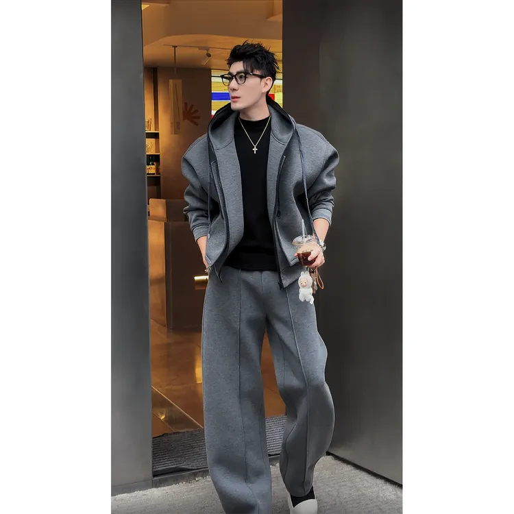 秋冬新品重磅美式休闲连帽卫衣套装男简约廓形宽松外套直筒卫裤潮