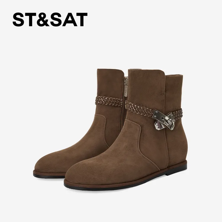 St&Sat/星期六侧拉链复古短筒靴粗跟英伦风时装靴秋冬百搭女靴