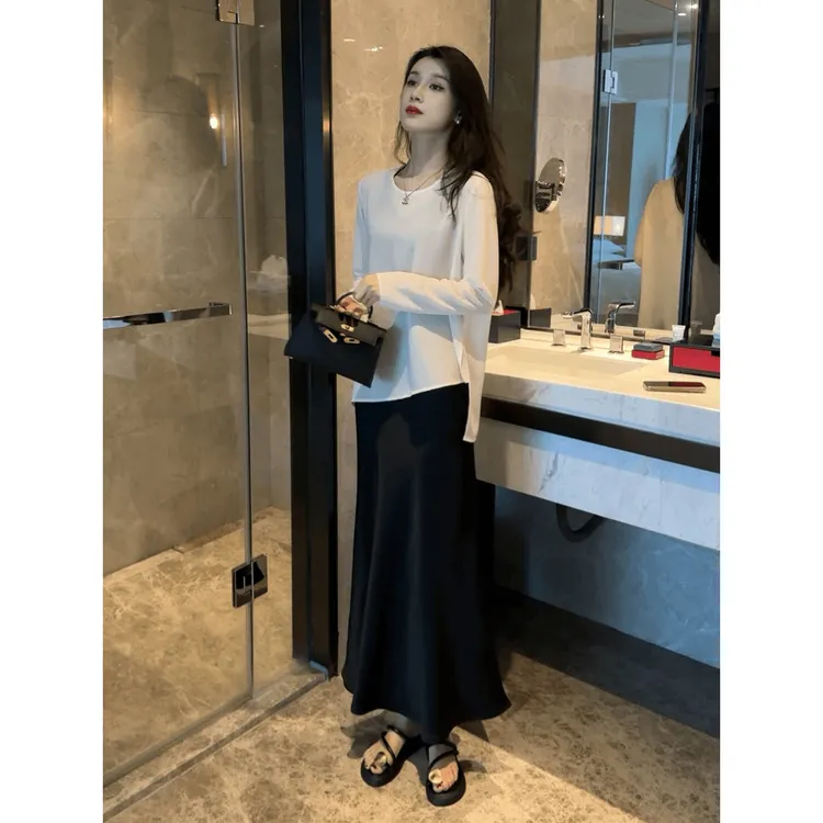 时尚不规则开叉设计感圆领上衣百搭高腰显瘦中长款半身裙套装2025