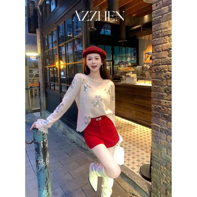 （七夕新款）AZZHEN【雪花糖】羊毛雪花花边亮片长袖毛衣AZ4KBS58-00