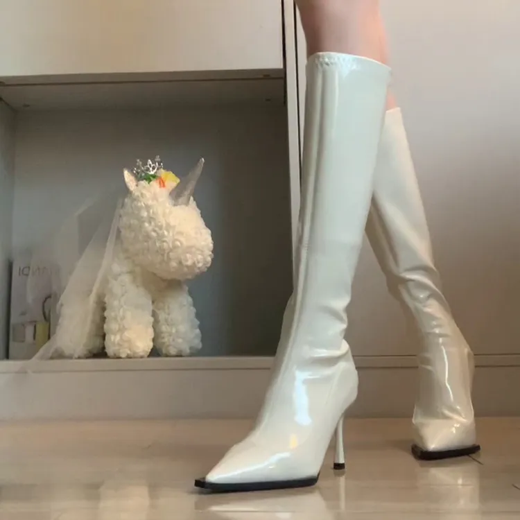 牛皮版~尖头气质高跟长靴女显瘦高筒白色弹力瘦瘦靴细跟不过膝靴