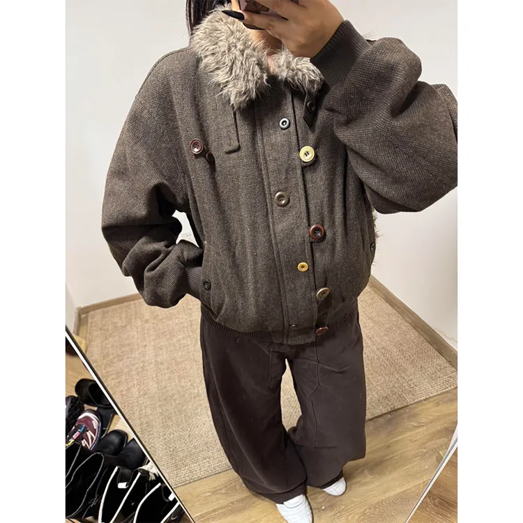 高级仿羊羔毛翻领格纹棉服外套男女冬季复古休闲短款加厚保暖棉衣